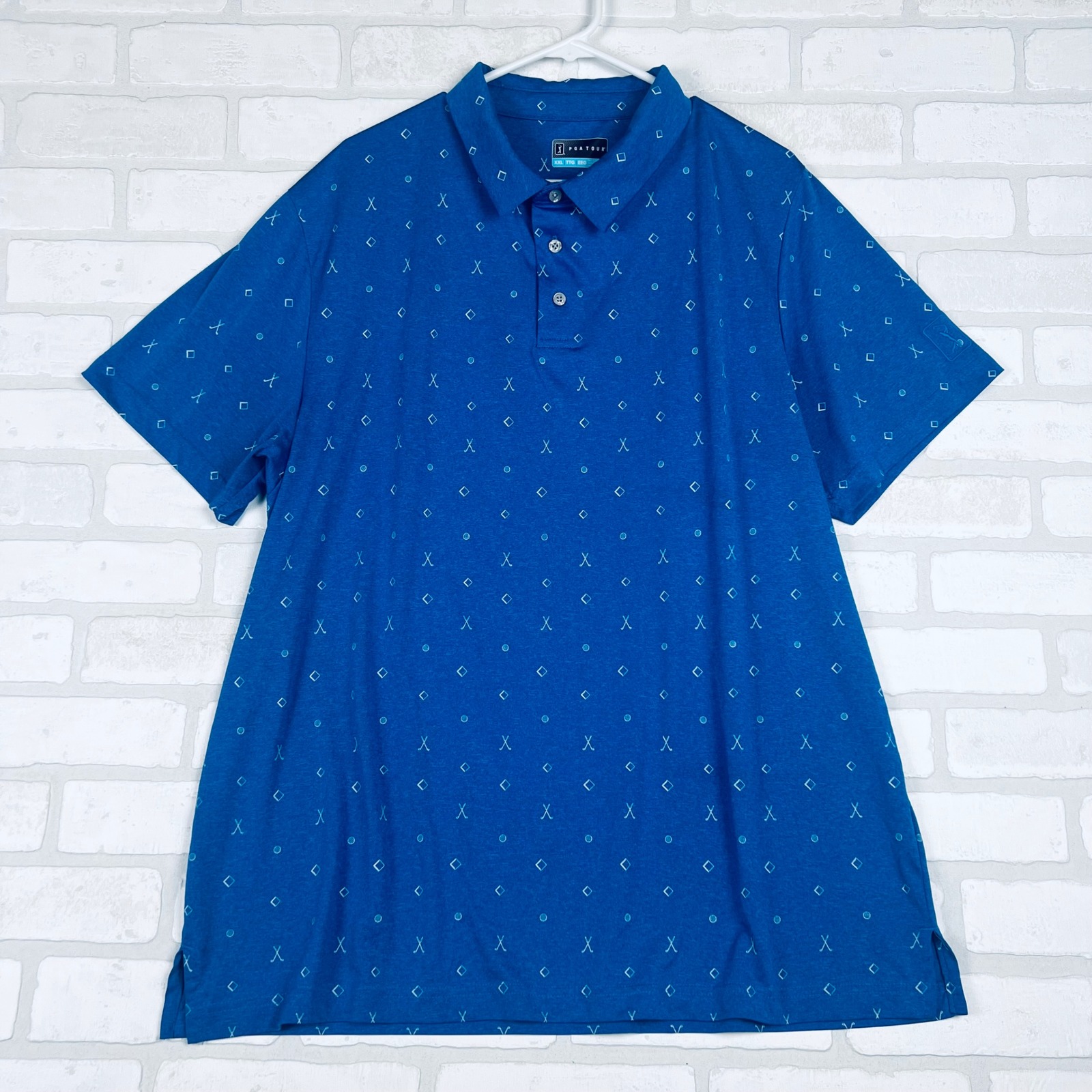 Pga Tour Mens Xxl Blue Golf Club Print Short Sleeve Performance Polo Shirt